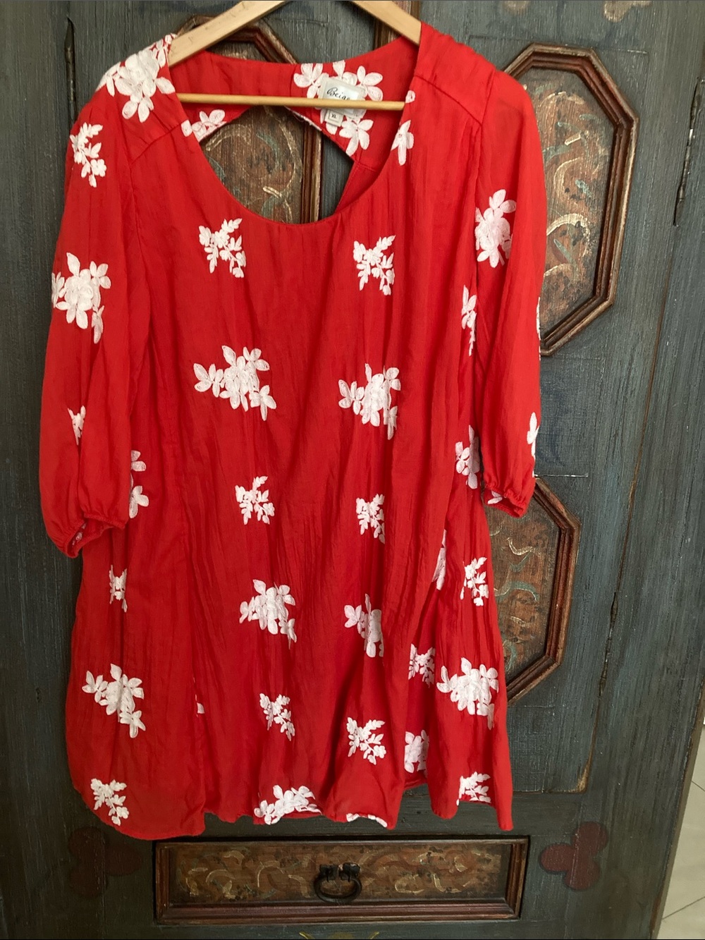 Womens Red Floral Tunic Top with White Embroidery